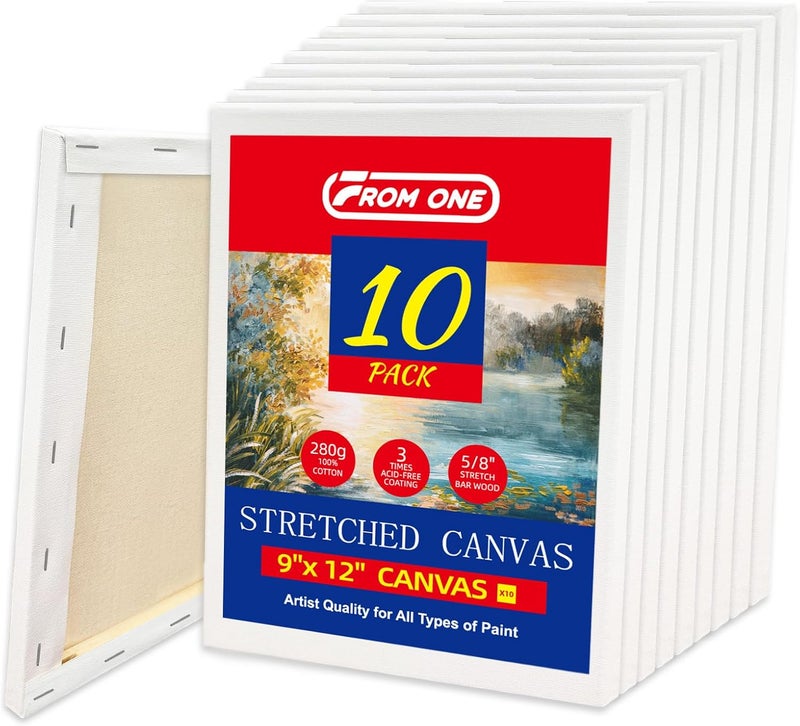 FROM ONE 10 Pack 9x12 Stretched Canvas – 100% Cotton with Natural Cottonseed Husk, 5/8” Deep Frame, Triple Primed Acid-Free White Canvas, Ready to Paint for Acrylics & Oils – No Bleed-Through, Warp-Resistant - Image 1